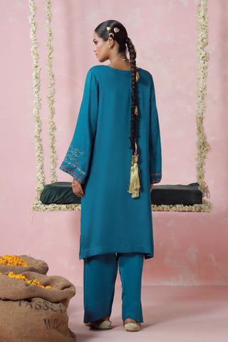 Blue Co-Ord Set, features herringbone short shirt and shalwar, embroidered with Mir Taqi Mir’s poetry.