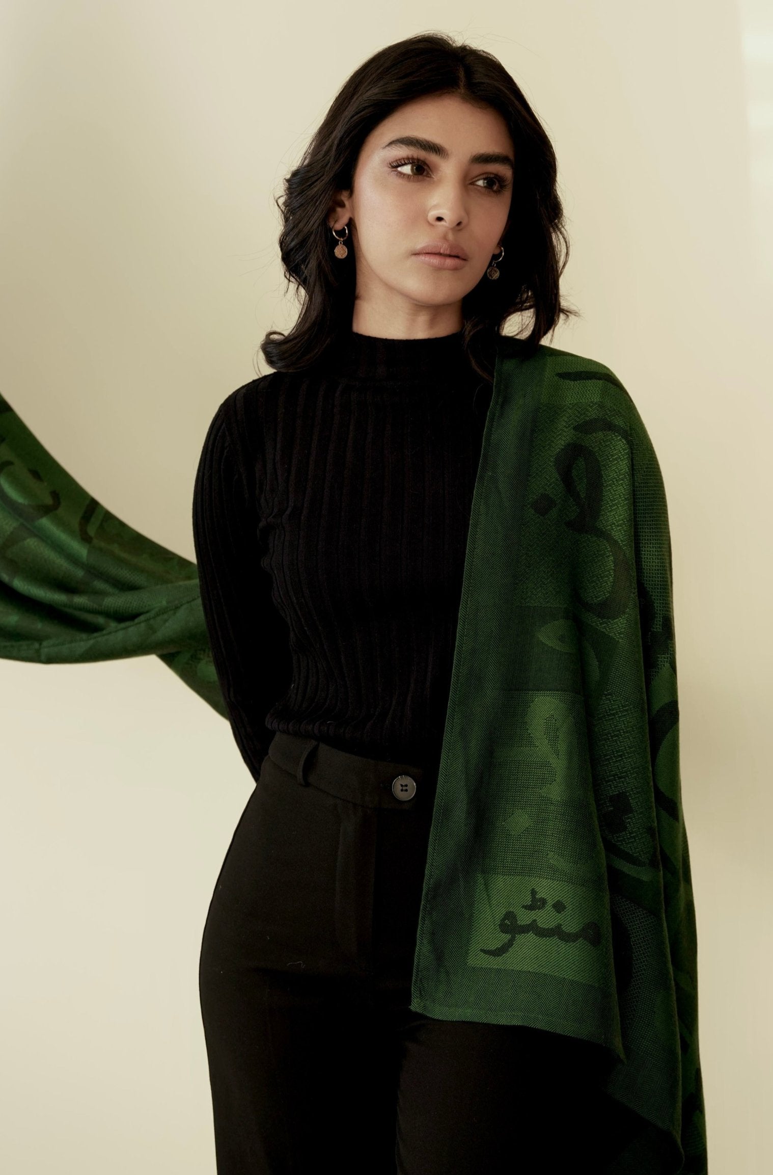 Shopmanto, wear manto pakistani clothing brand, manto women men unisex ready to wear urdu calligraphy jazba weaved winter muffler stole Green, winter collection, acrylic wool scarf stole