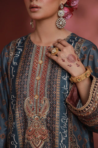 Manto Women's Festive Wear 3 Piece Raw Silk Grey Set with Urdu Calligraphy