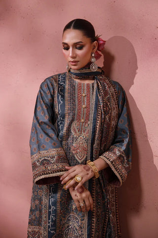 Manto Women's Festive Wear 3 Piece Raw Silk Grey Set with Urdu Calligraphy