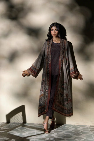 Manto Women's Ready to Wear Grey Outerwear Long Shrug with Urdu Calligraphy