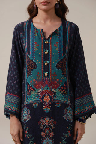 2-piece set in blue color, featuring  the words of Mir Taqi Mir calligraphed throughout.