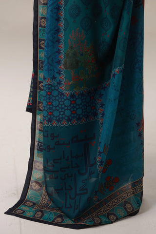 Printed swiss lawn blue dupatta, featuring Mir Taqi Mir's poetry calligraphed throughout.