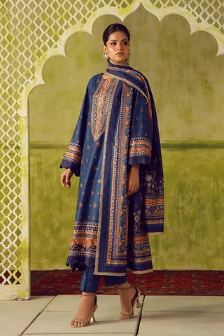 Manto Women's Blue Printed 3 Piece Co-Ord Set with Embellishments & Urdu Calligraphy