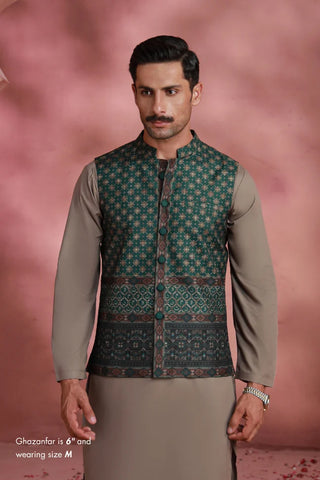 Manto Men's Festive Wear Green Vasket with Urdu Calligraphy