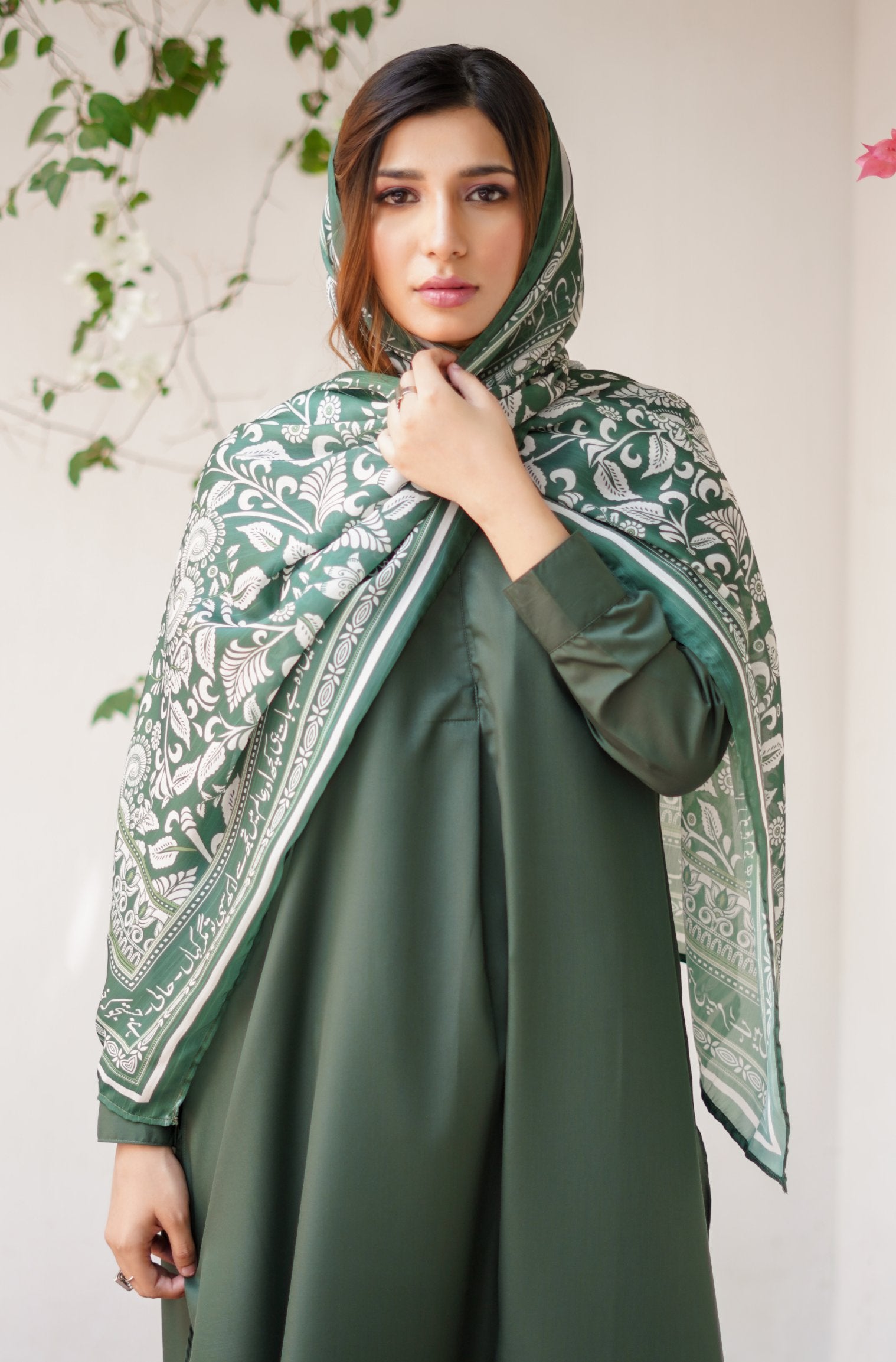 Manto Women's Stitched 1 Piece Crepe Silk Forest Green Nayaab Scarf Featuring Words of Altaf Hussain Hali