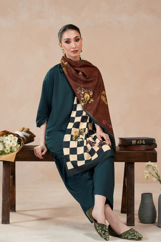 Printed brown winter stole with Urdu calligraphy