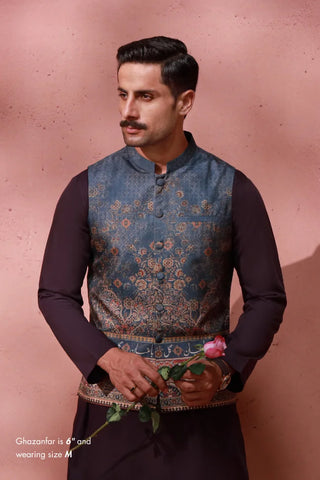 Manto Men's Festive Wear Raw Silk Grey Vasket with Urdu Calligraphy