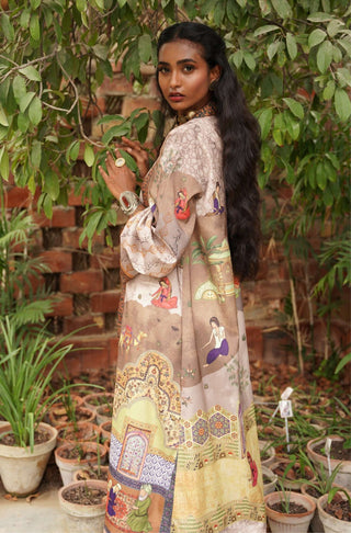 Manto Women's Grey Printed Outerwear Long Shrug with Illustrations & Urdu Calligraphy