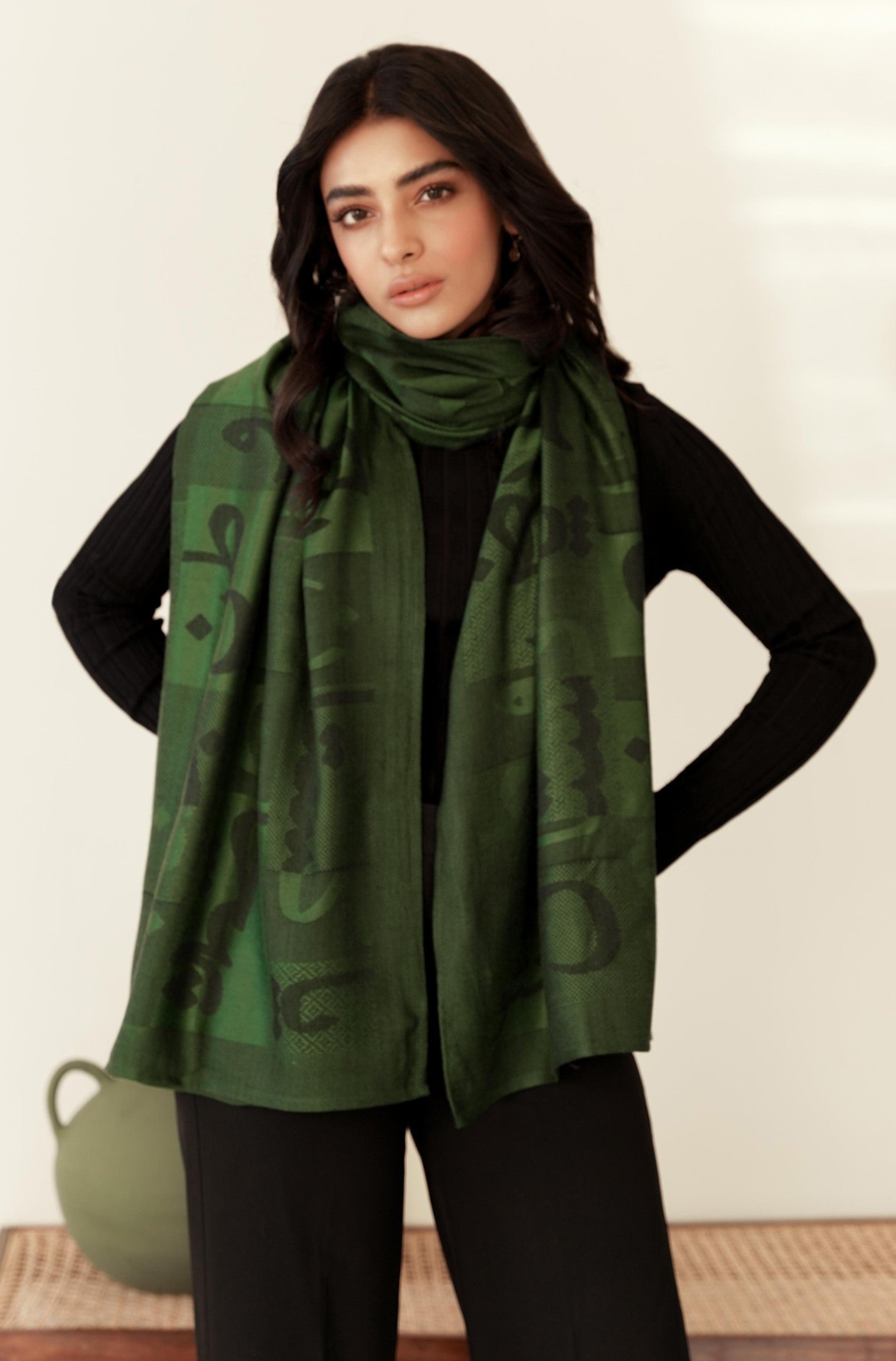 Shopmanto, wear manto pakistani clothing brand, manto women men unisex ready to wear urdu calligraphy jazba weaved winter muffler stole Green, winter collection, acrylic wool scarf stole