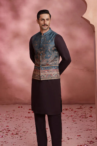 Manto Men's Festive Wear Raw Silk Grey Vasket with Urdu Calligraphy