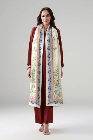 Printed viscose odhni featuring the words of Allama Iqbal calligraphed throughout.