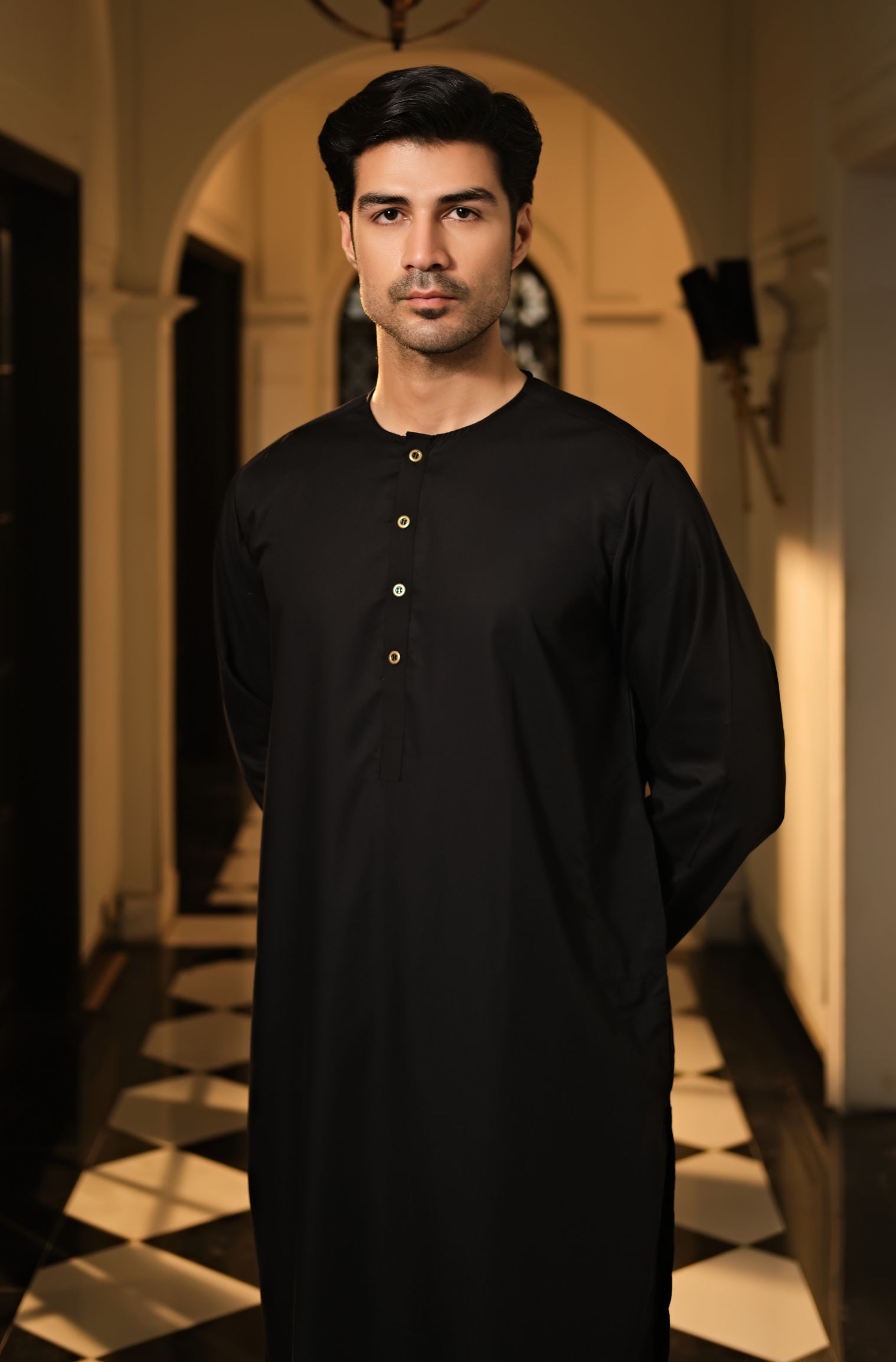 Jet Black Lucknow (Men) Without Collar Shalwar Kameez – Manto