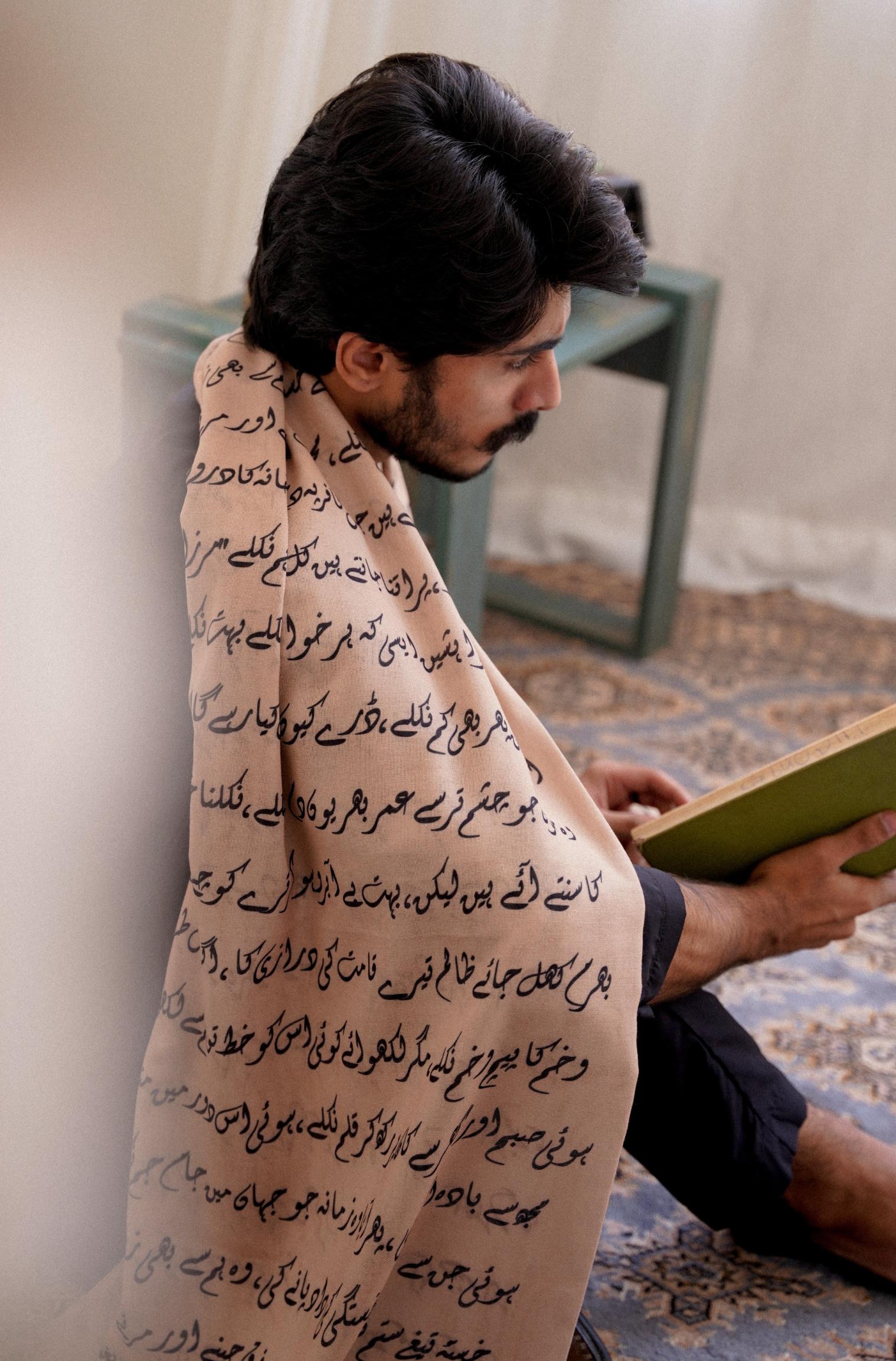 Shopmanto, wear manto pakistani clothing brand ready to wear men and women textured double sided beige armaan stole muffler with urdu calligraphy featuring poetry of mirza ghalib, urdu winter stoles
