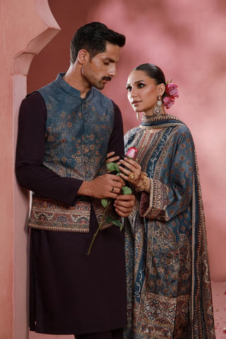 Manto Men's Festive Wear Raw Silk Grey Vasket with Urdu Calligraphy