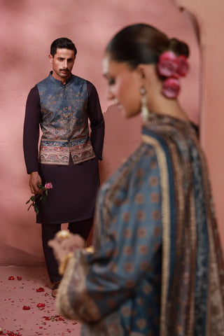 Manto Men's Festive Wear Raw Silk Grey Vasket with Urdu Calligraphy