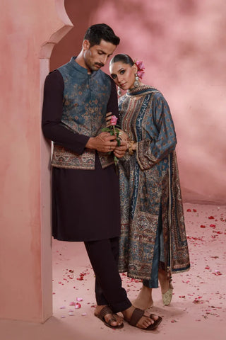 Manto Men's Festive Wear Raw Silk Grey Vasket with Urdu Calligraphy