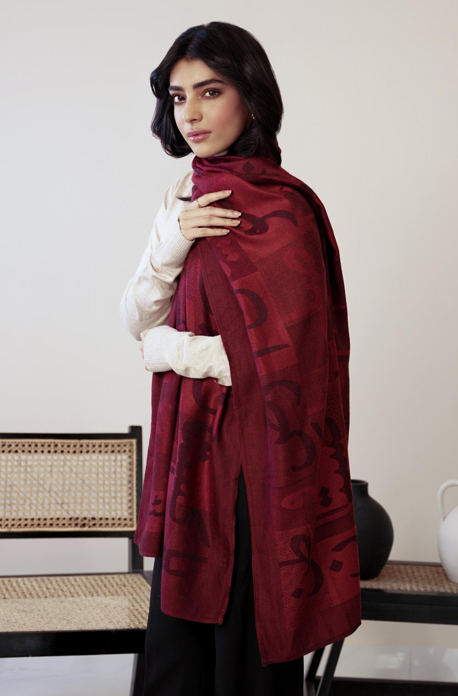 Shopmanto, wear manto pakistani clothing brand, manto women men unisex ready to wear urdu calligraphy jazba weaved winter muffler stole maroon, winter collection, acrylic wool scarf stole
