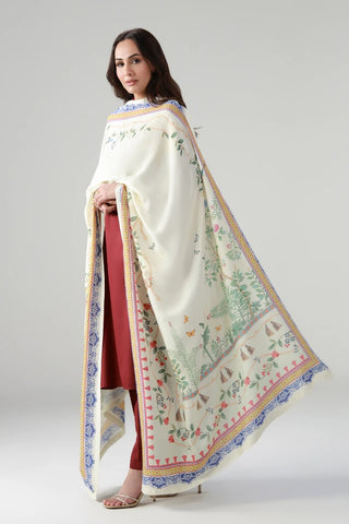 Printed viscose odhni featuring the words of Allama Iqbal calligraphed throughout.