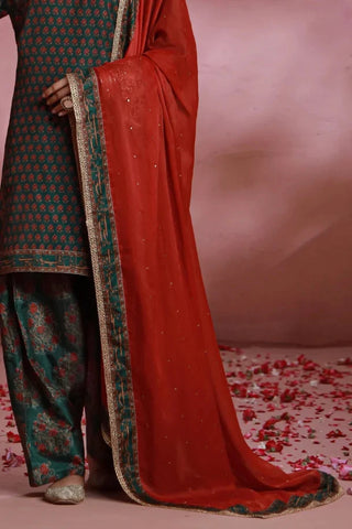 Manto Women's Ready to wear Deep Green Festive Wear 3 Piece Set with Urdu Calligraphy