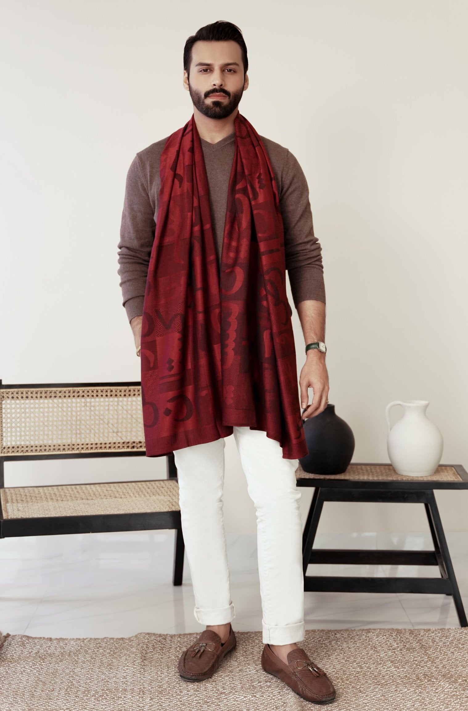 Shopmanto, wear manto pakistani clothing brand, manto women men unisex ready to wear urdu calligraphy jazba weaved winter muffler stole maroon, winter collection, acrylic wool scarf stole