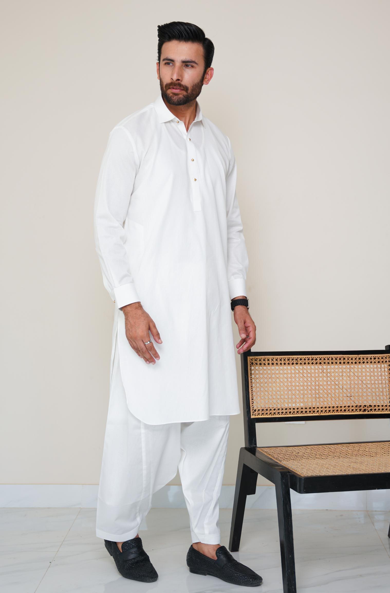 Textured Cotton Kameez Shalwar Cloud White (Men)