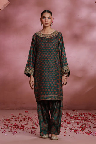 Manto Women's Ready to wear Deep Green Festive Wear 3 Piece Set with Urdu Calligraphy