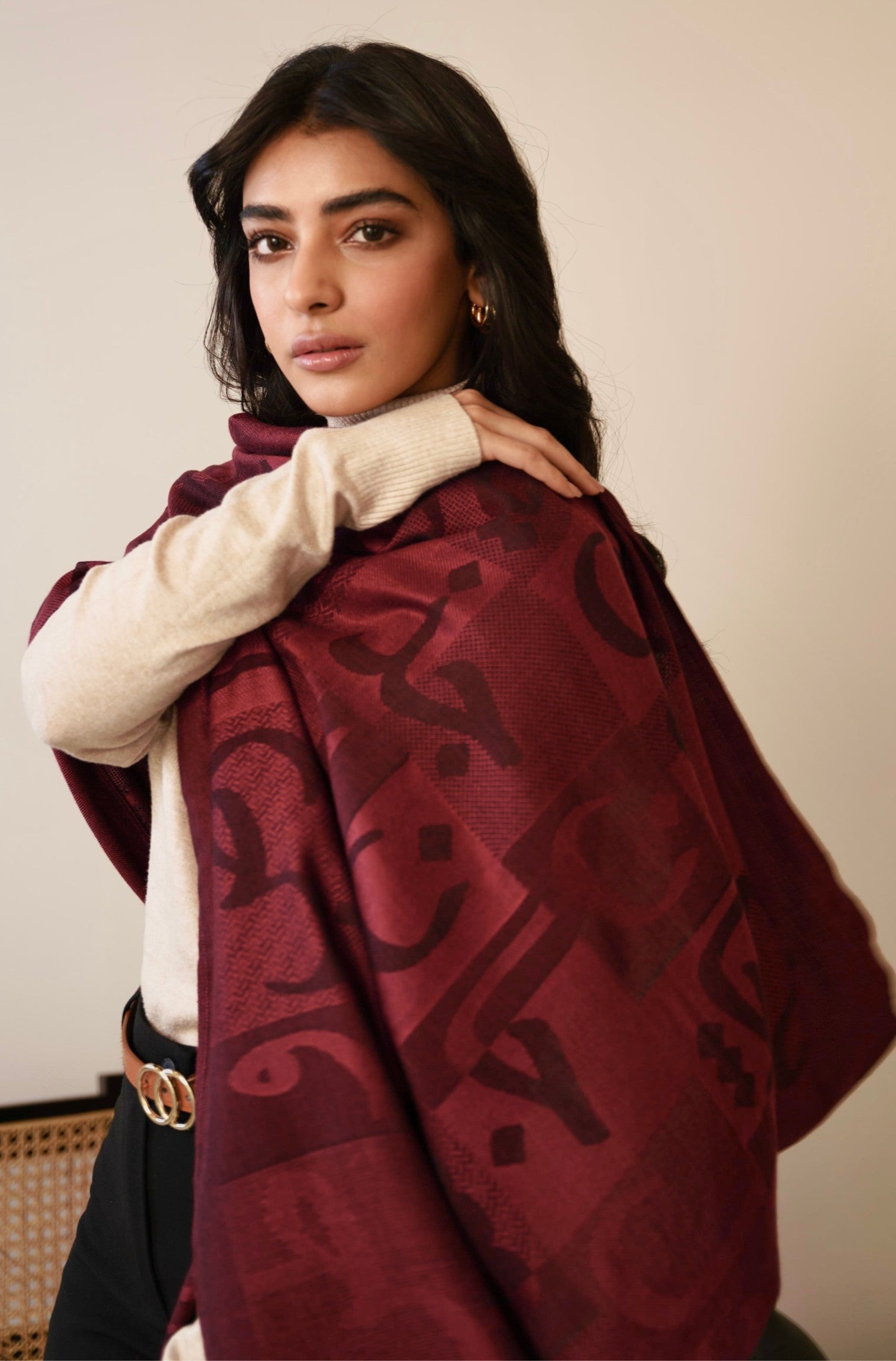 Shopmanto, wear manto pakistani clothing brand, manto women men unisex ready to wear urdu calligraphy jazba weaved winter muffler stole maroon, winter collection, acrylic wool scarf stole