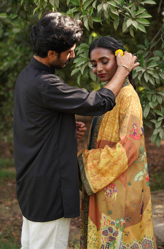 Manto Women's Yellow Printed Outerwear Long Shrug with Illustrations & Urdu Calligraphy