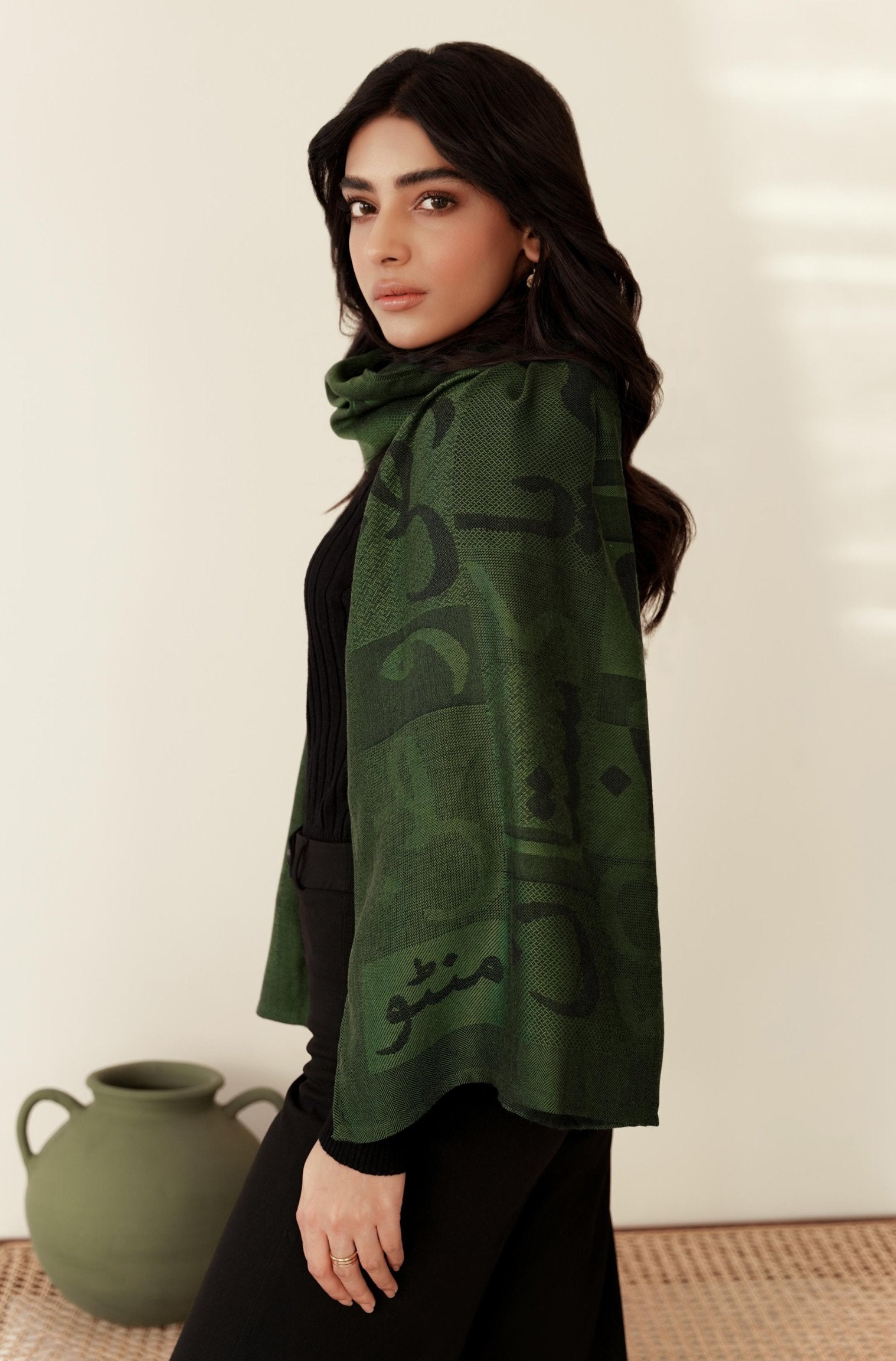 Shopmanto, wear manto pakistani clothing brand, manto women men unisex ready to wear urdu calligraphy jazba weaved winter muffler stole Green, winter collection, acrylic wool scarf stole