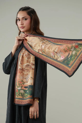 Phulwari Stole is made from crinkle silk in yellow color and features urdu calligraphy throughout