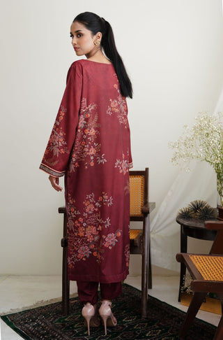 Shopmanto, Pakistani urdu calligraphy clothing brand, wear manto ready to wear women deep maroon chaman printed two piece matching crepe silk coord with long length kurta and straight tapered trouser pants