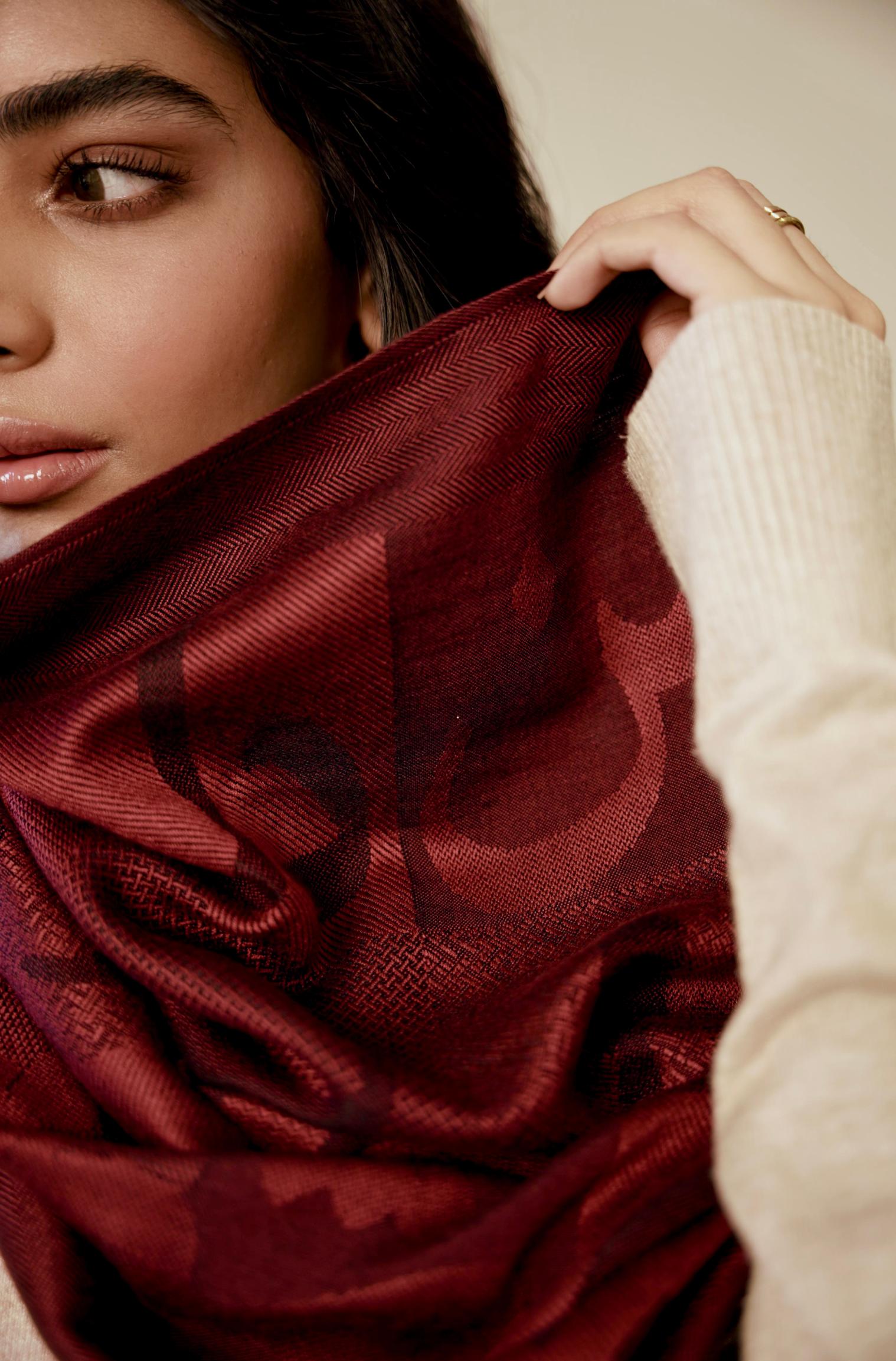 Shopmanto, wear manto pakistani clothing brand, manto women men unisex ready to wear urdu calligraphy jazba weaved winter muffler stole maroon, winter collection, acrylic wool scarf stole
