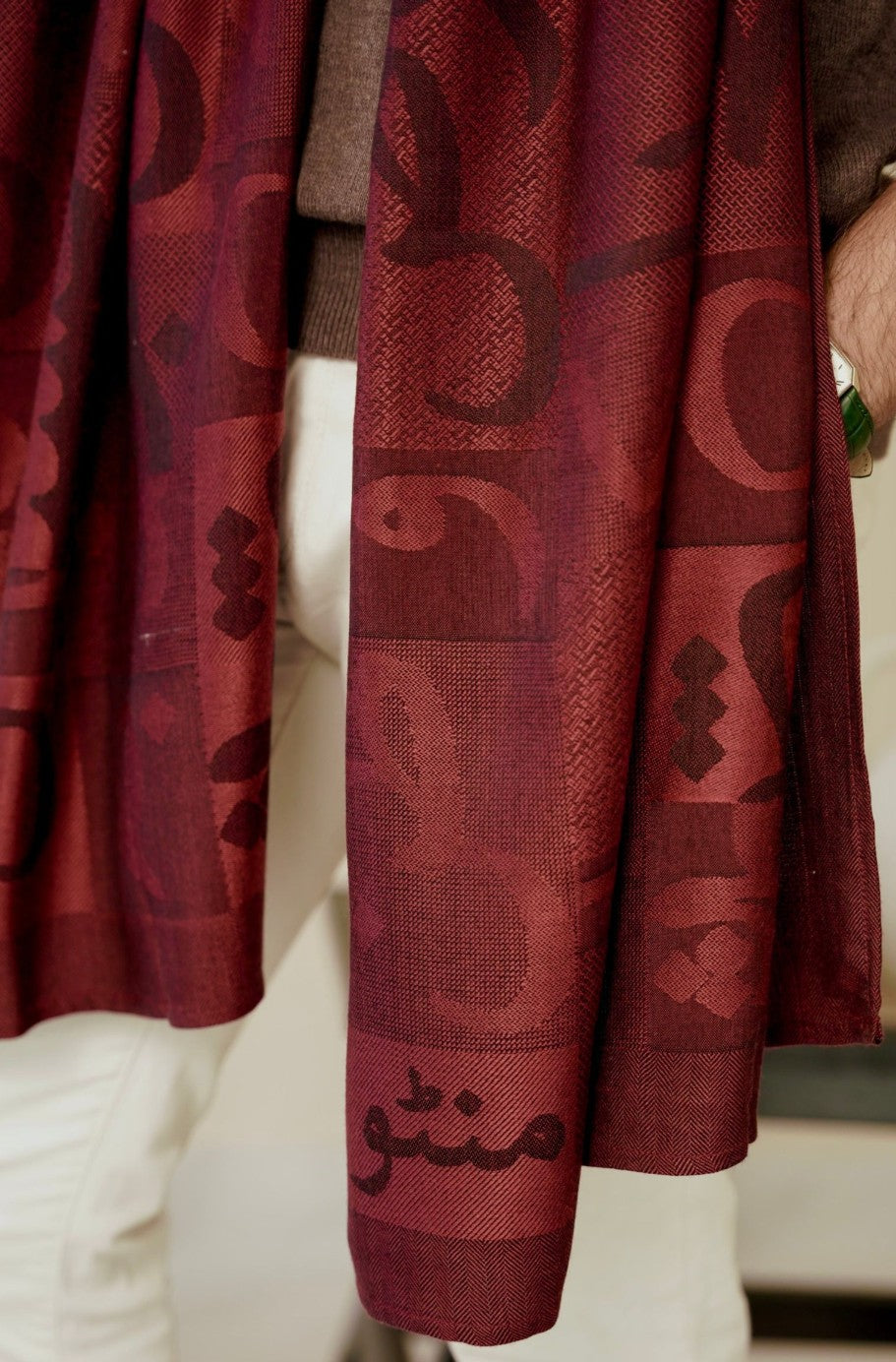 Shopmanto, wear manto pakistani clothing brand, manto women men unisex ready to wear urdu calligraphy jazba weaved winter muffler stole maroon, winter collection, acrylic wool scarf stole