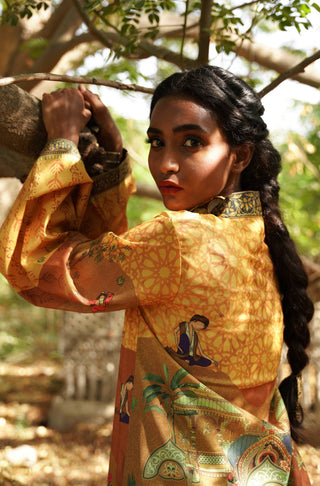 Manto Women's Yellow Printed Outerwear Long Shrug with Illustrations & Urdu Calligraphy