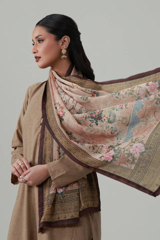 Beige crinkle silk scarf featuring the words of Sahir Ludhianvi calligraphed throughout.