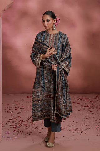 Manto Women's Festive Wear 3 Piece Raw Silk Grey Set with Urdu Calligraphy