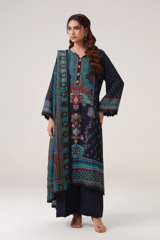 Printed swiss lawn blue dupatta, featuring Mir Taqi Mir's poetry calligraphed throughout.