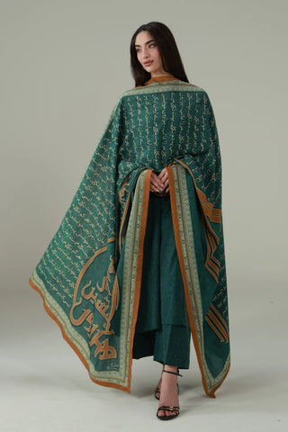 Raaz Odhni, made from Cotton Silk, is a printed odhni featuring the words of Mirza Ghalib