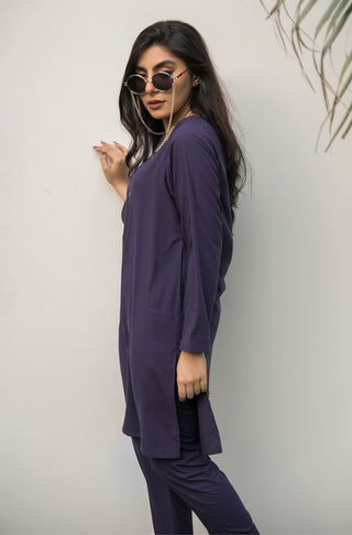 Shopmanto, wear manto, manto clothing brand, manto pakistan, ladies clothing brand, urdu calligraphy clothing, wearmanto women's collection, wash n wear lucknow style, 2 piece solid deep purple colour kurta and pajama, 2 piece collarless kurta and pajama for women 
