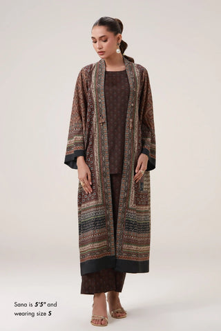 Front-open long length printed shrug, featuring Urdu calligraphy of poetry by Allama Iqbal. 