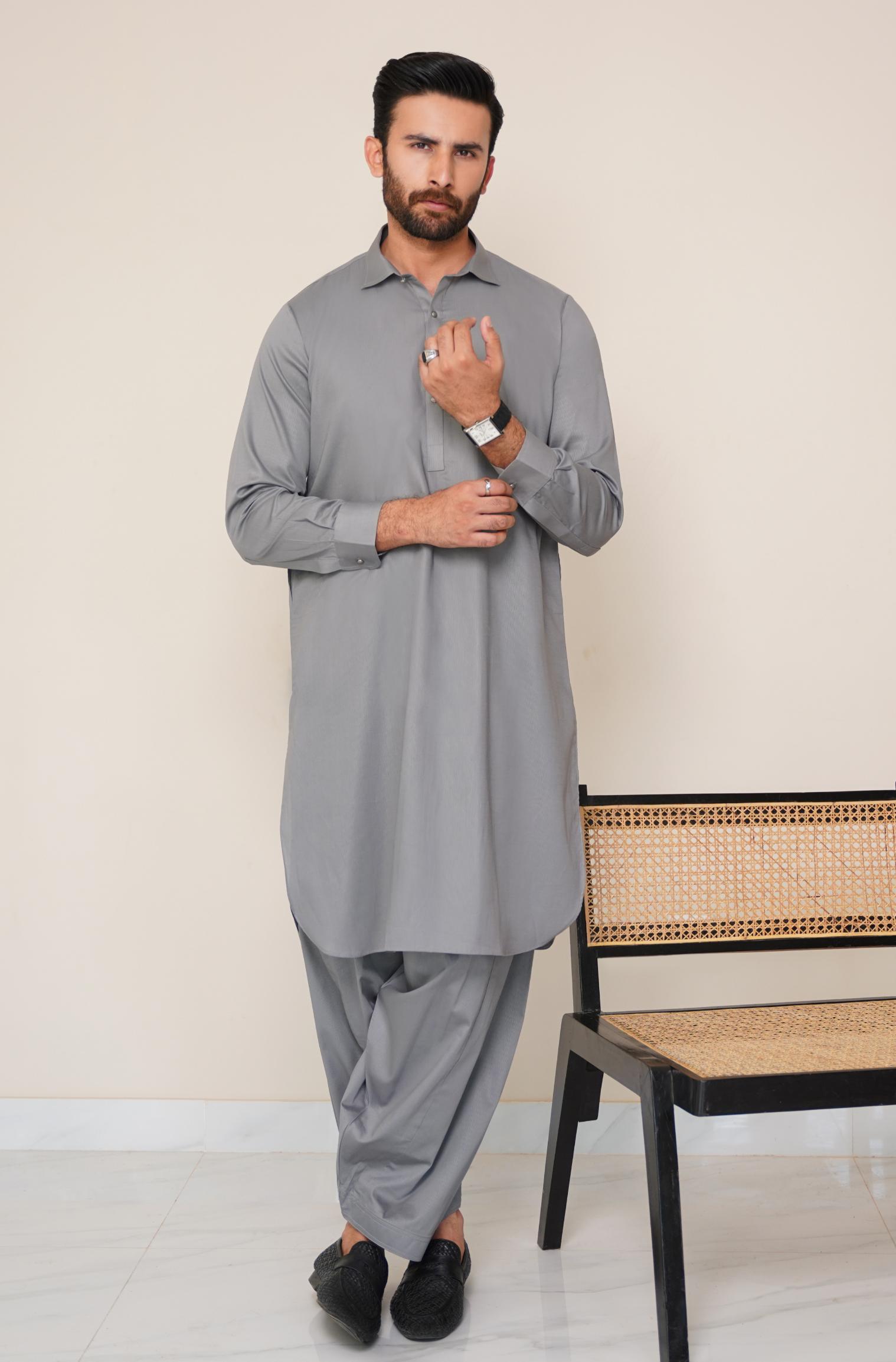 Textured Cotton Kameez Shalwar Stone Grey (Men) - Main Image