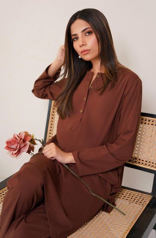 Shopmanto, wear manto, manto clothing brand, manto pakistan, ladies clothing brand, urdu calligraphy clothing, OG wearmanto women's collection wash n wear lucknow style 2 piece solid cocoa brown colour kurta and pajama, women 2 piece solid coord set