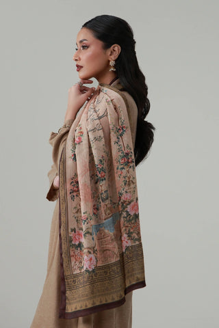 Beige crinkle silk scarf featuring the words of Sahir Ludhianvi calligraphed throughout.