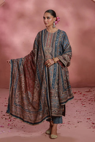 Manto Women's Festive Wear 3 Piece Raw Silk Grey Set with Urdu Calligraphy