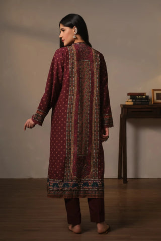 3 piece printed co-ord set in Maroon color made from premium cotton silk.