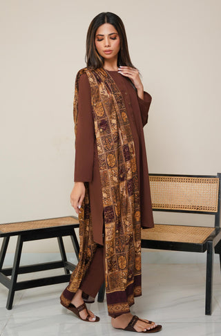 Shopmanto, wear manto, manto clothing brand, manto pakistan, ladies clothing brand, urdu calligraphy clothing, OG wearmanto women's collection wash n wear lucknow style 2 piece solid cocoa brown colour kurta and pajama, women 2 piece solid coord set