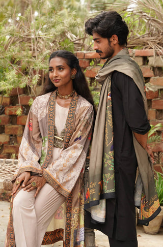 Manto Women's Grey Printed Outerwear Long Shrug with Illustrations & Urdu Calligraphy