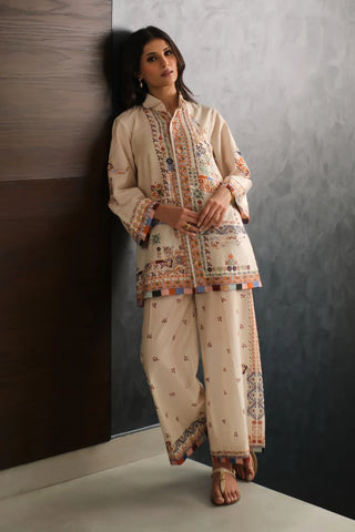 Printed 2-piece lawn Maya co-ord set with the trendy culottes & elegant Urdu calligraphy. 