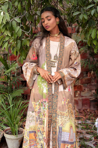 Manto Women's Grey Printed Outerwear Long Shrug with Illustrations & Urdu Calligraphy